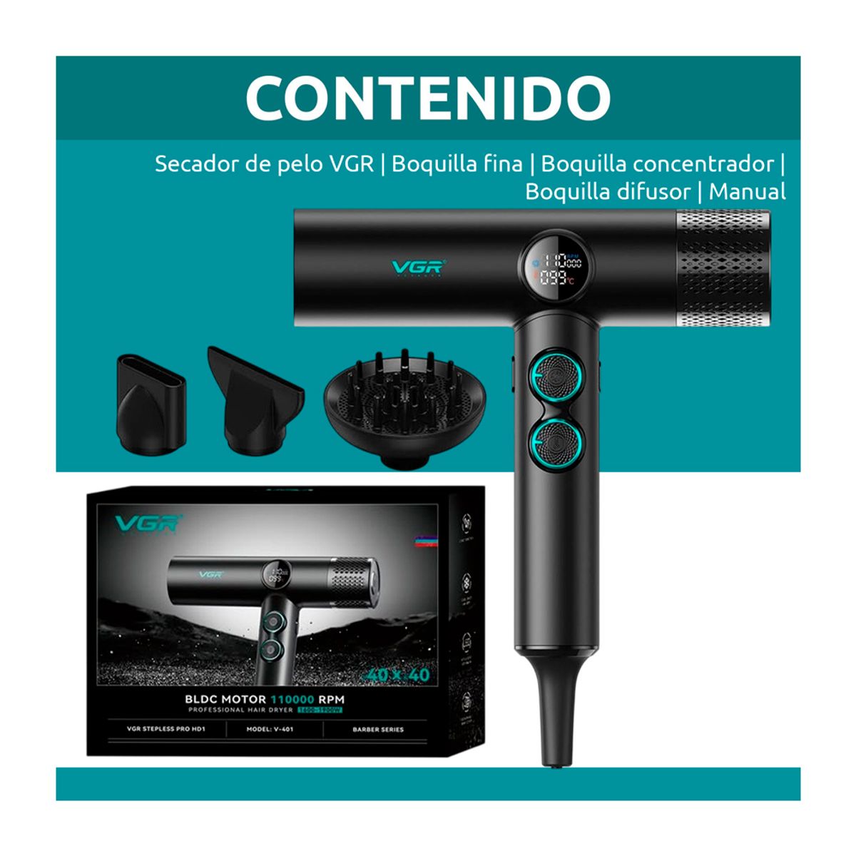 VOYAGER - Secador Profesional VGR V-401 Color Negro 110000rpm