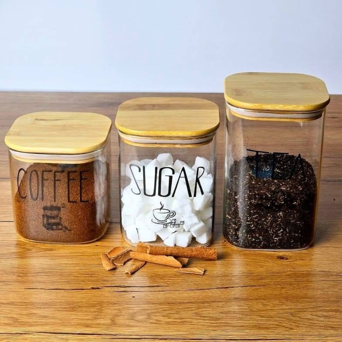 GENERICO - Set Frasco de Vidrio Cuadrado con Tapa Bambú