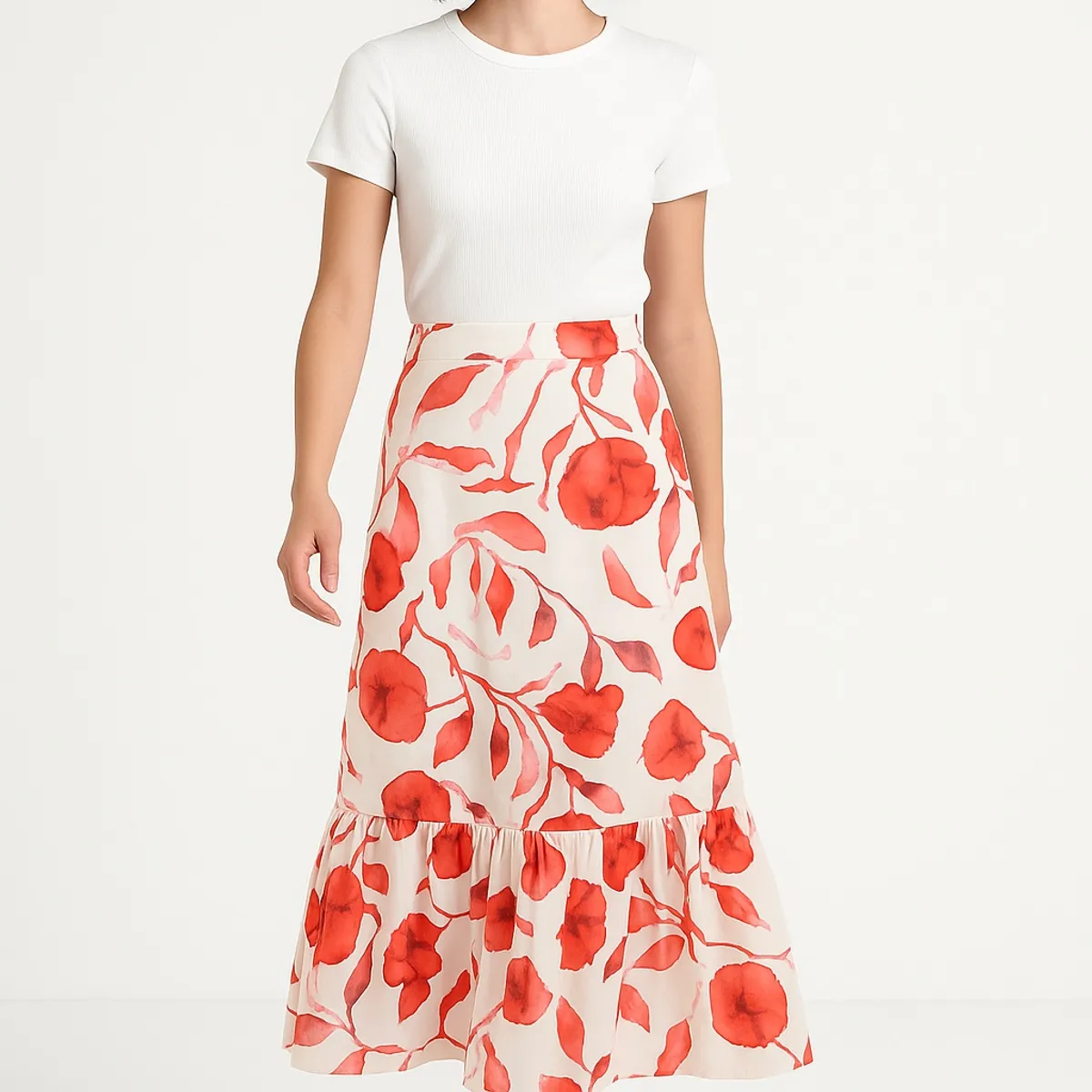 MARWAL - Falda  Carrie , by Marwal , Color Hueso / Flores  Rojas , Cintura  Espalda Elasticada.