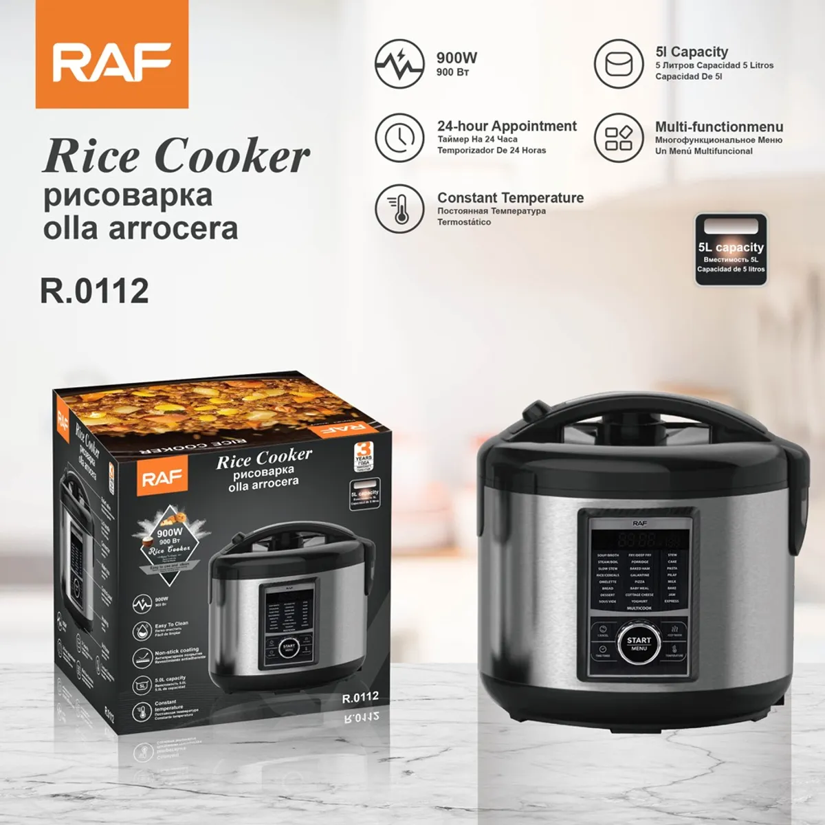 RAFF - OLLA ARROCERA DIGITAL MULTIFUNCIONAL DE 5L CON VAPORIZADOR - 900W