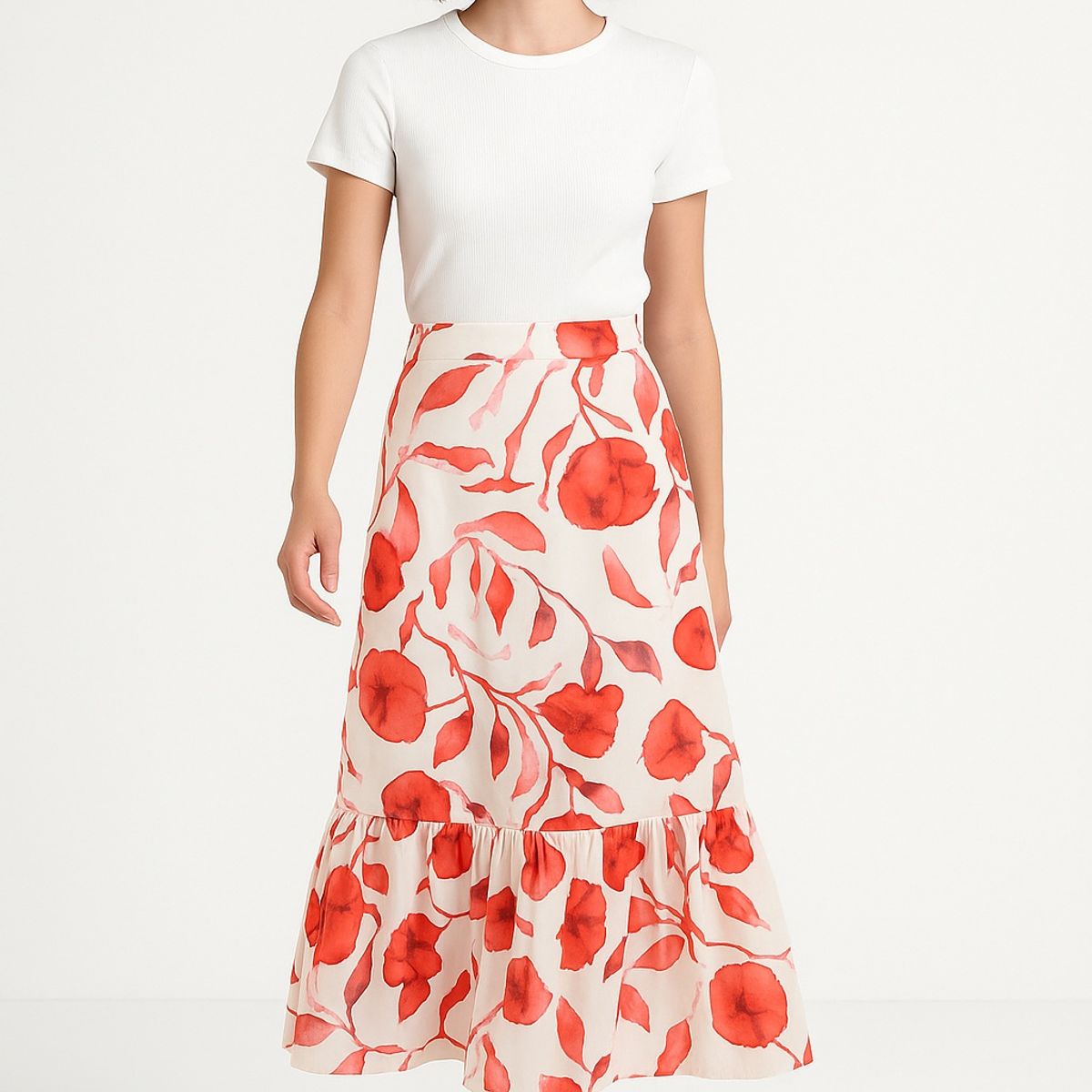 MARWAL - Falda  Carrie , by Marwal , Color Hueso / Flores  Rojas , Cintura  Espalda Elasticada.