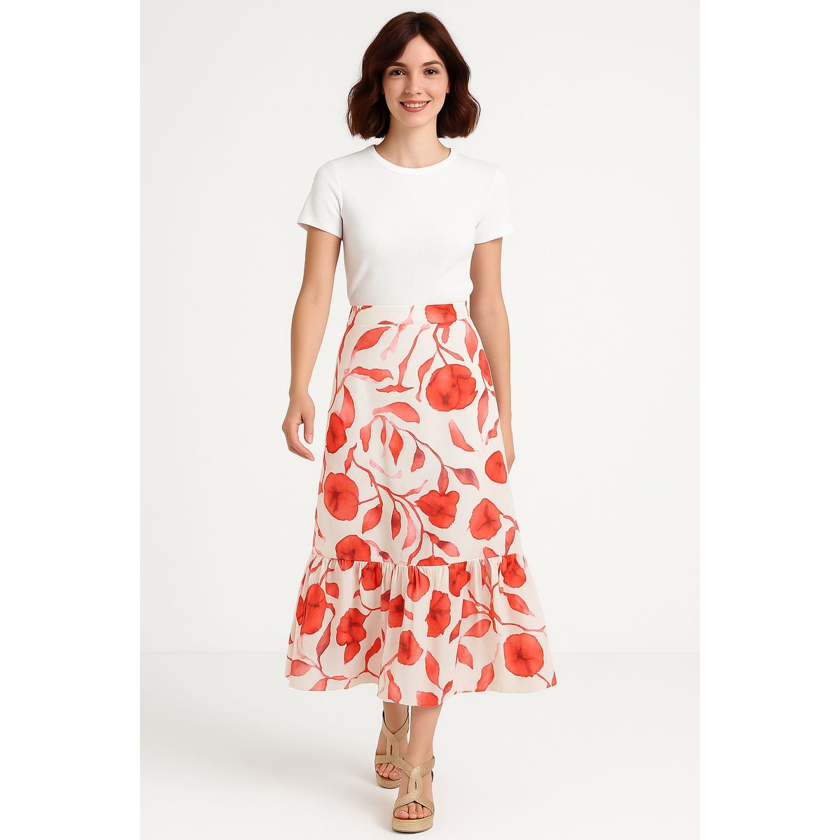 MARWAL - Falda  Carrie , by Marwal , Color Hueso / Flores  Rojas , Cintura  Espalda Elasticada.