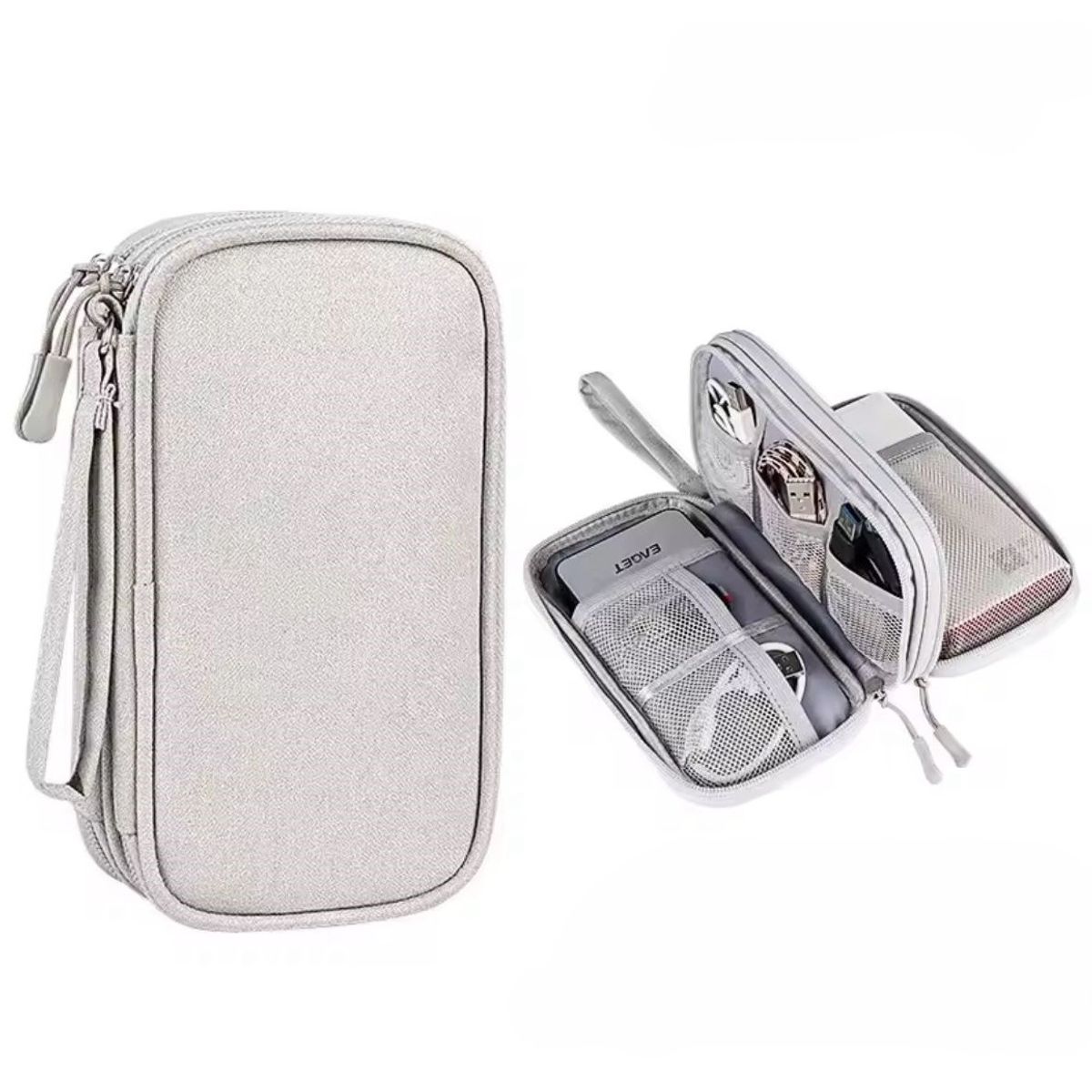 GENERICO - Estuche Organizador Porta Cable Cargador Mediano Doble Capa Gris
