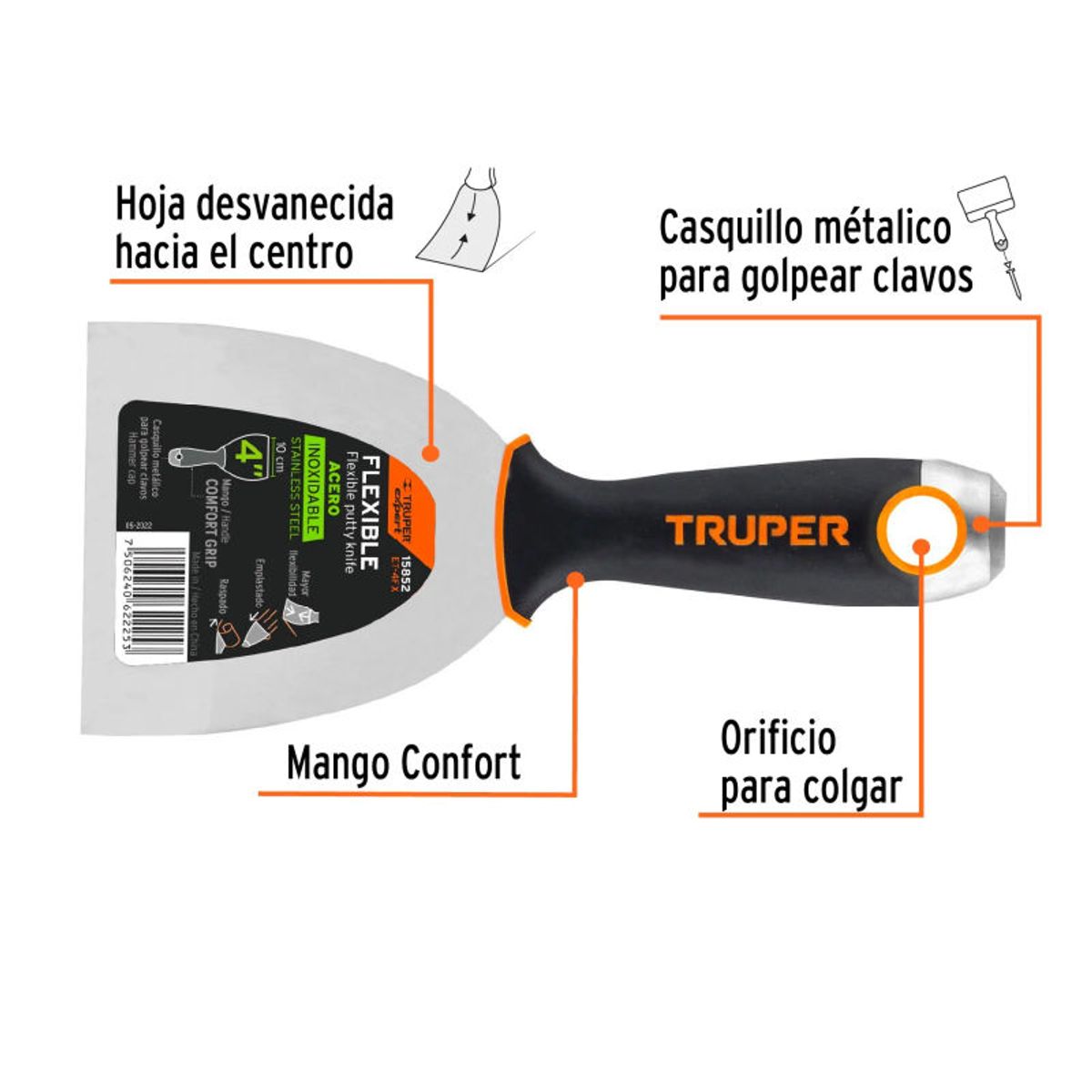 TRUPER - Espátula flexible 4 acero inoxidable Comfort Grip Truper -15852