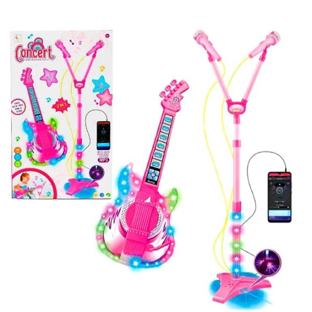 GENERICO - Set Guitarra con Doble Microfono Musical Luces y Entrada Para Celular