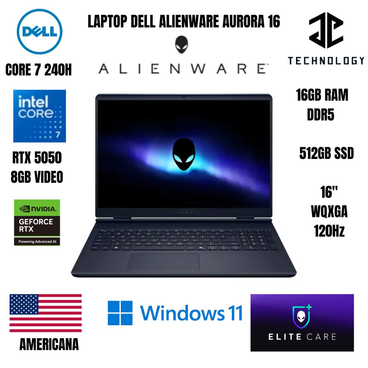 DELL - LAPTOP DELL ALIENWARE 16 AURORA / CORE 7 240H / 16GB DDR5 / 512GB SSD / RTX5050 8GB / 16" WQXGA