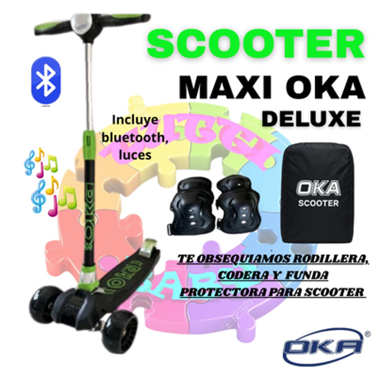 OKA - SCOOTER MAXI OKA DELUXE CON LUCES Y BLUETOOTH VERDE + OBSEQUIO RODILLERA CODERA Y BOLSA DE TRANSPORTE PARA SCOOTER OKA