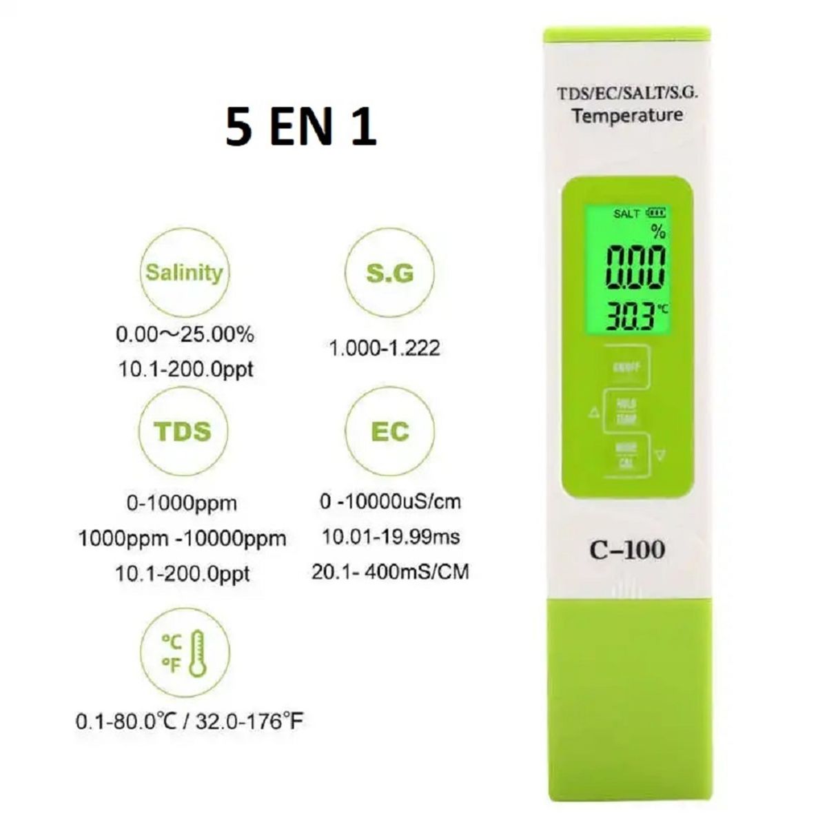 GENERICO - Medidor de Salinidad Salinometro 5 en 1 Sal Ec tds S.g y Temp