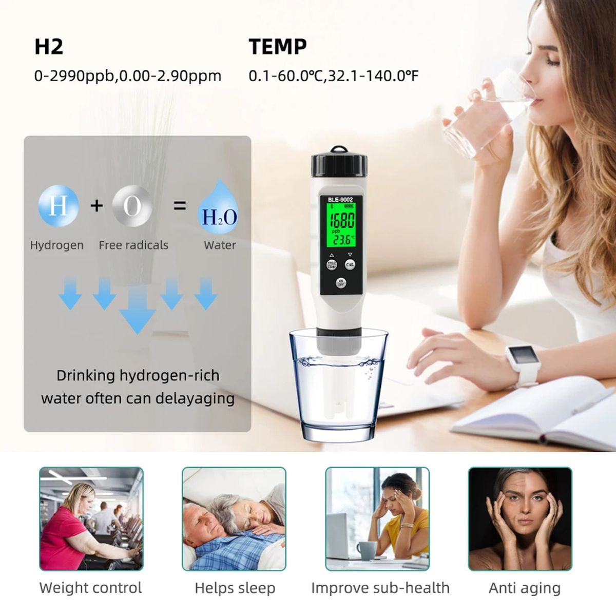 GENERICO - Medidor Digital de Hidrogeno y Temp Bluetooth BLE-9002 IP67