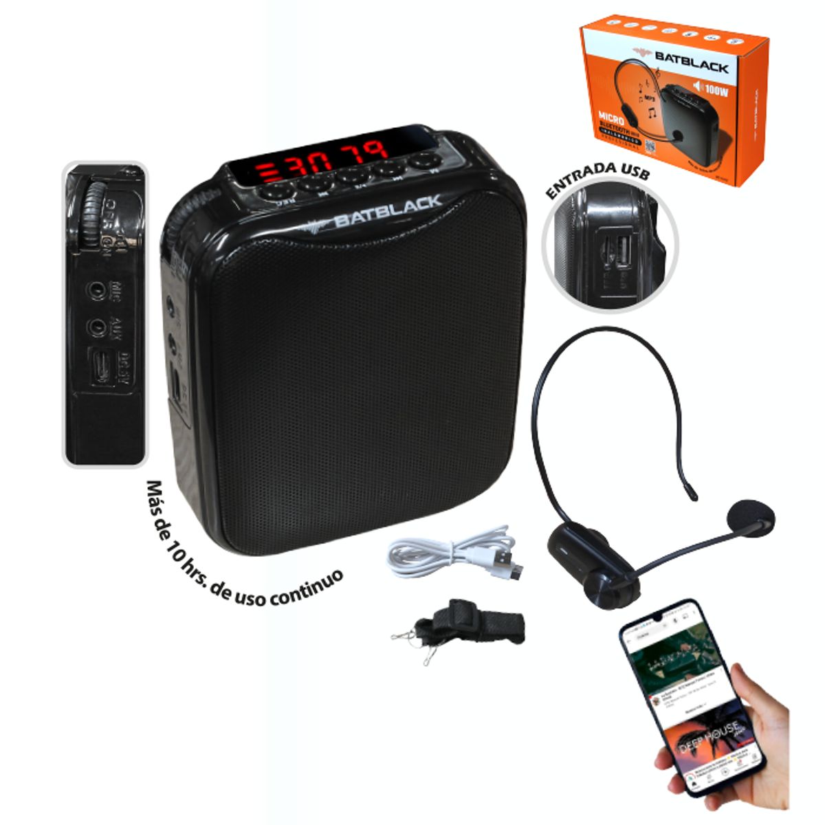 BATBLACK - Mini Amplificador de Voz Recargable Profesional Inalámbrico BATBLACK BT-V317