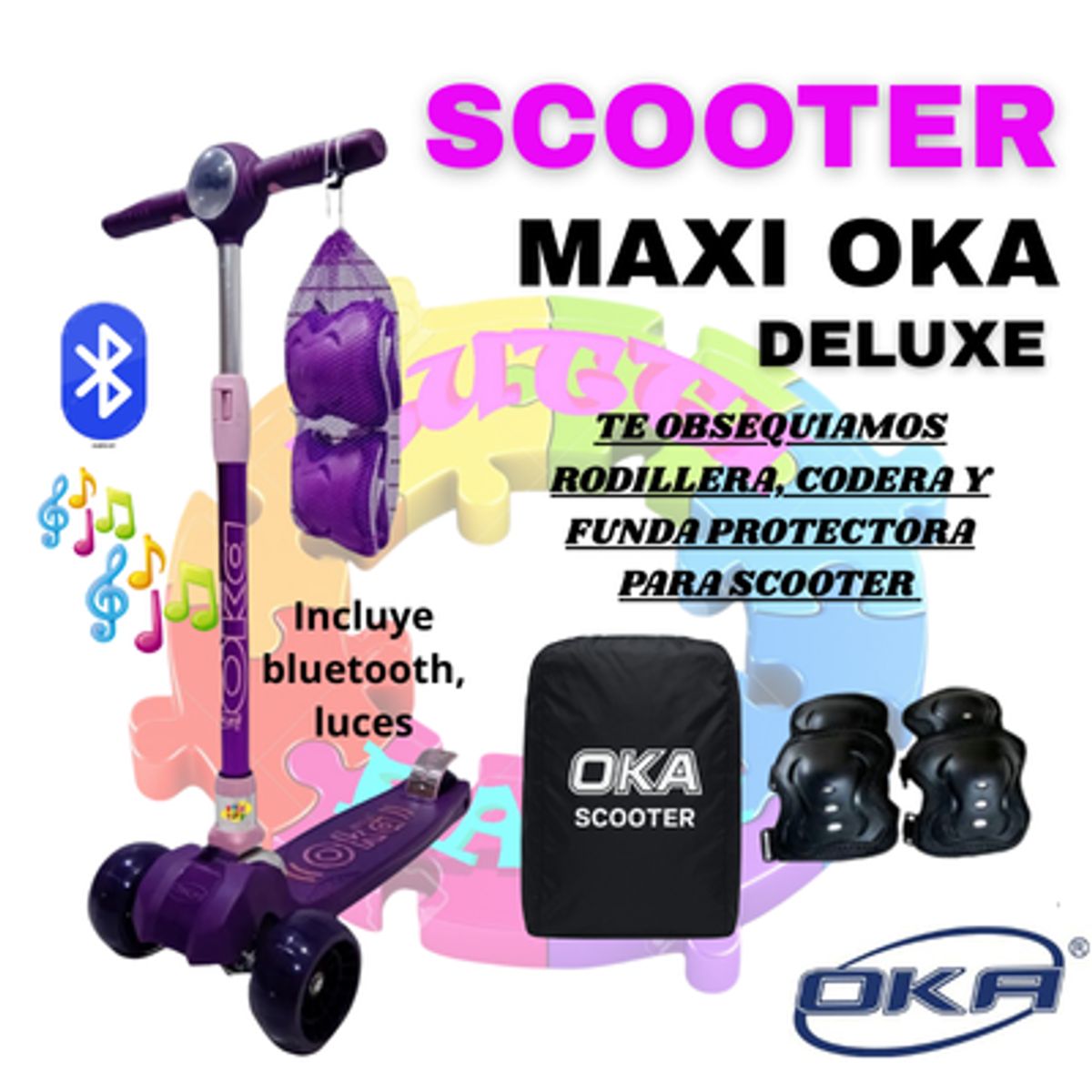 OKA - SCOOTER MAXI OKA DELUXE CON LUCES Y BLUETOOTH + OBSEQUIO RODILLERA, CODERA Y BOLSA DE TRANSPORTE  PARA SCOOTER OKA