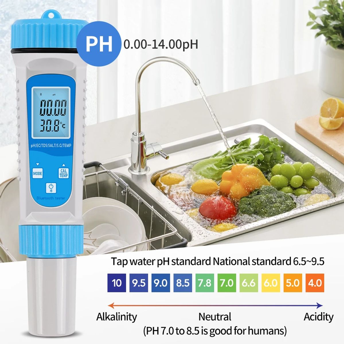 GENERICO - Medidor de Calidad de Agua 7 en 1 Bluetooth PH ORP Salinidad