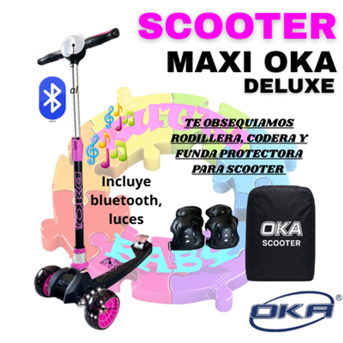 OKA - SCOOTER MAXI OKA DELUXE CON LUCES Y BLUETOOTH ROSADO + OBSEQUIO RODILLERA CODERA Y BOLSA DE DE TRANSPORTE PARA SCOOTER OKA