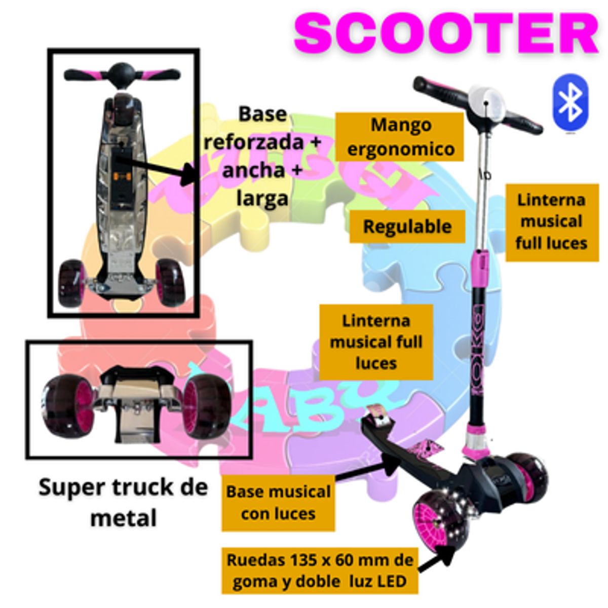 OKA - SCOOTER MAXI OKA DELUXE CON LUCES Y BLUETOOTH ROSADO + OBSEQUIO RODILLERA CODERA Y BOLSA DE DE TRANSPORTE PARA SCOOTER OKA