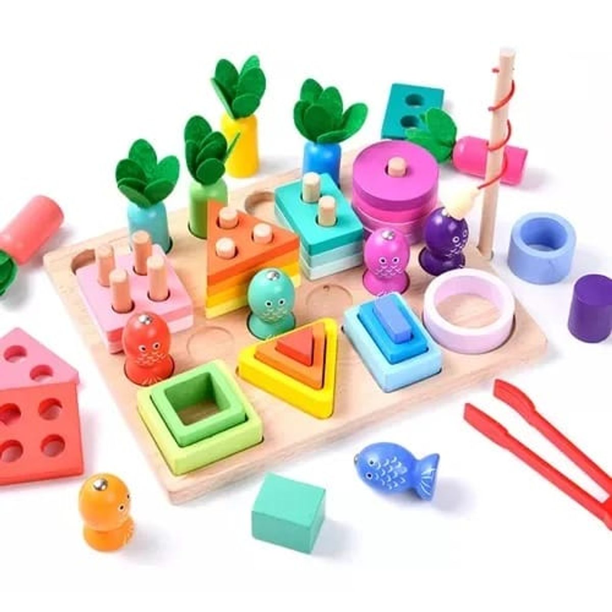 GENERICO - JUEGO DIDÁCTICO MONTESSORI 4 EN 1 ENCAJE APILAMIENTO PESCA