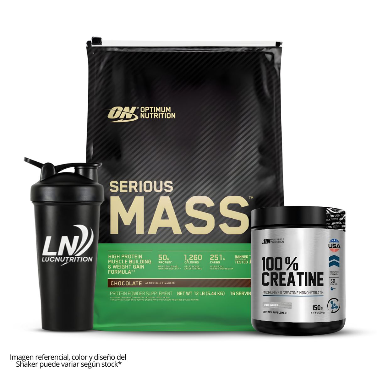 Optimum Nutrition - Serious Mass 12 LB Ganador de Masa - Chocolate + Creatina Universe Nutrition 150 g + Shaker