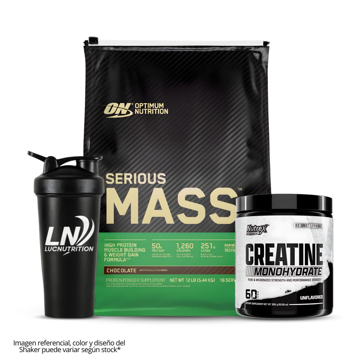 Optimum Nutrition - Serious Mass 12 LB Ganador de Masa - Chocolate + Creatina Nutrex Research 300 g + Shaker
