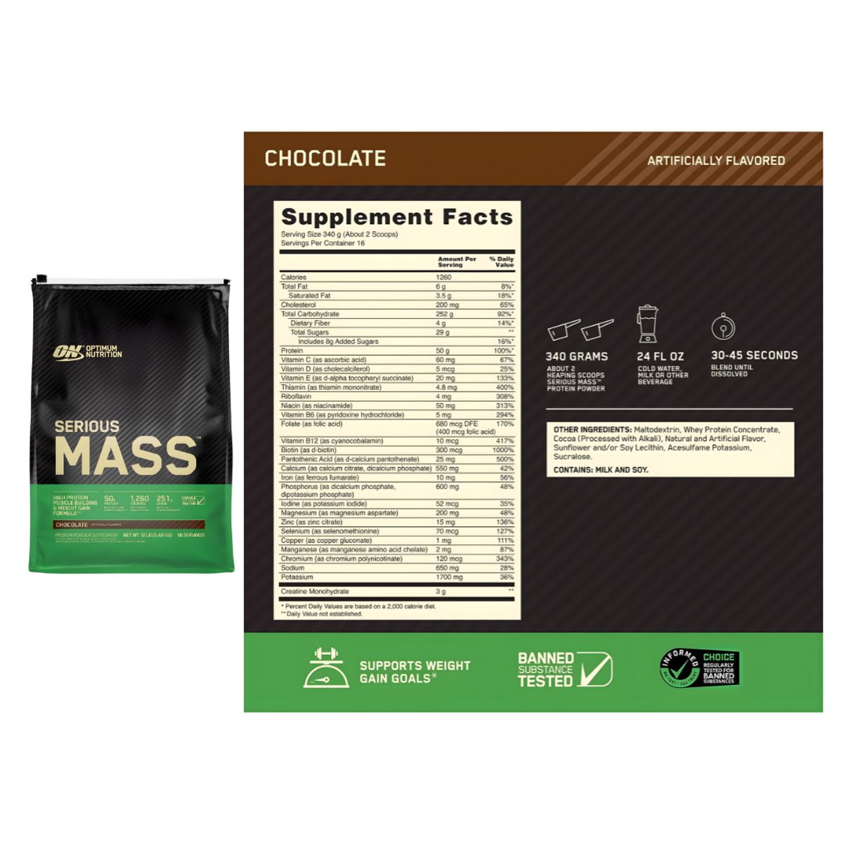 Optimum Nutrition - Serious Mass 12 LB Ganador de Masa - Chocolate + Creatina Nutrex Research 300 g + Shaker