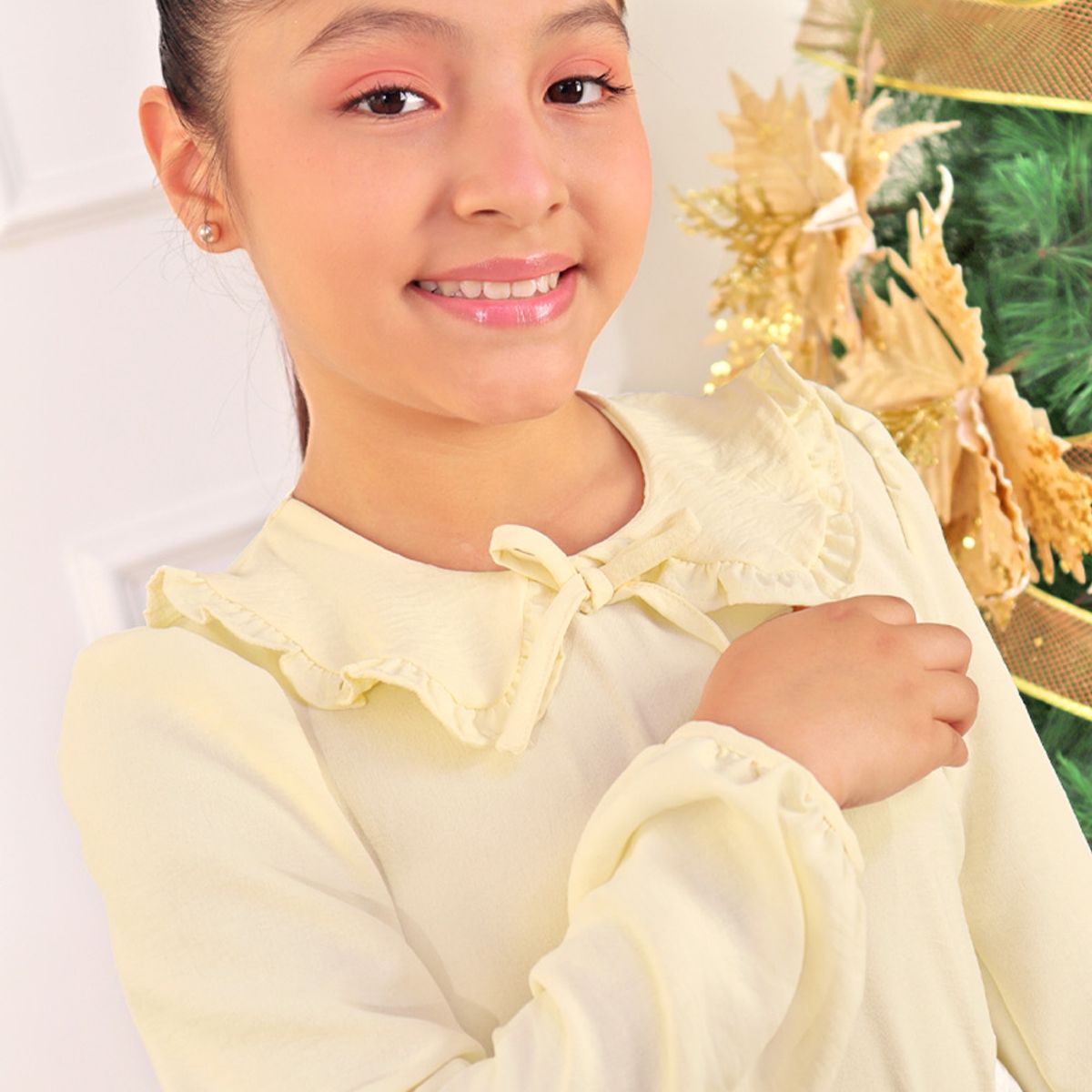 KIDS MASHMELO - Blusa con Cuello Peter Pan y Manga Larga Abullonada para niña Kids Mashmelo