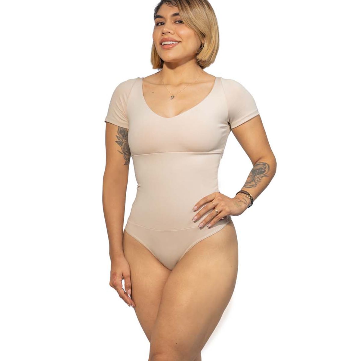 GENERICO - BODY CON  FAJA MODELADOR EFECTO LIPO MANGA CORTA CUELLO V