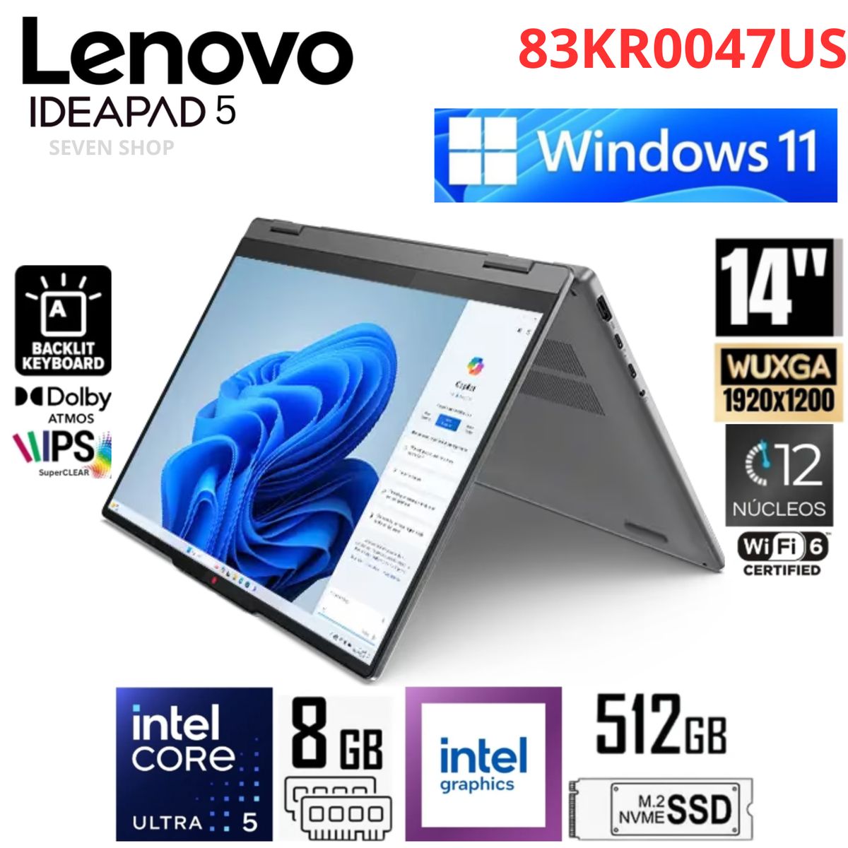 LENOVO - Laptop Lenovo IdeaPad 5 2 en 1 Intel Ultra 5 - 225U 8GB RAM 512GB SSD 14" WUXGA Touch 83KR0047US