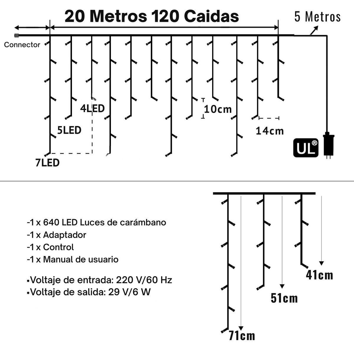 GENERICO - Luces Cascada Navidad RGB 20m Tipo Cortina 640 LED Impermeables con 8 Modos y Control Remoto