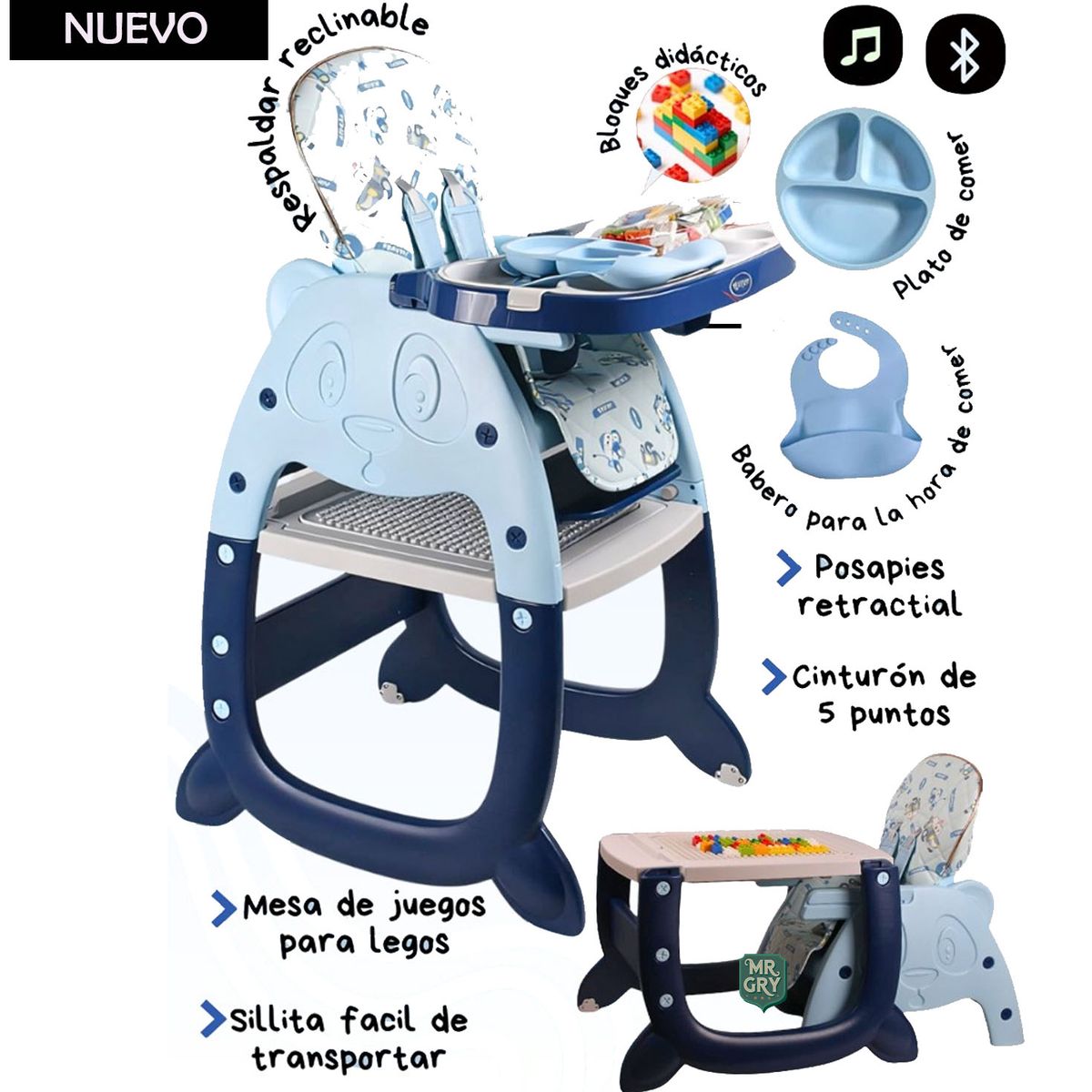 VOYAGE - Silla de Comer Panda Musical Bluetooth 3 en 1 Azul