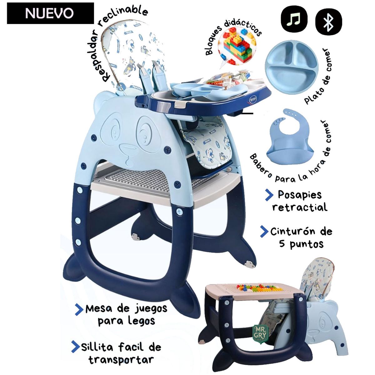 VOYAGE - Silla de Comer Panda Musical Bluetooth 3 en 1 Azul