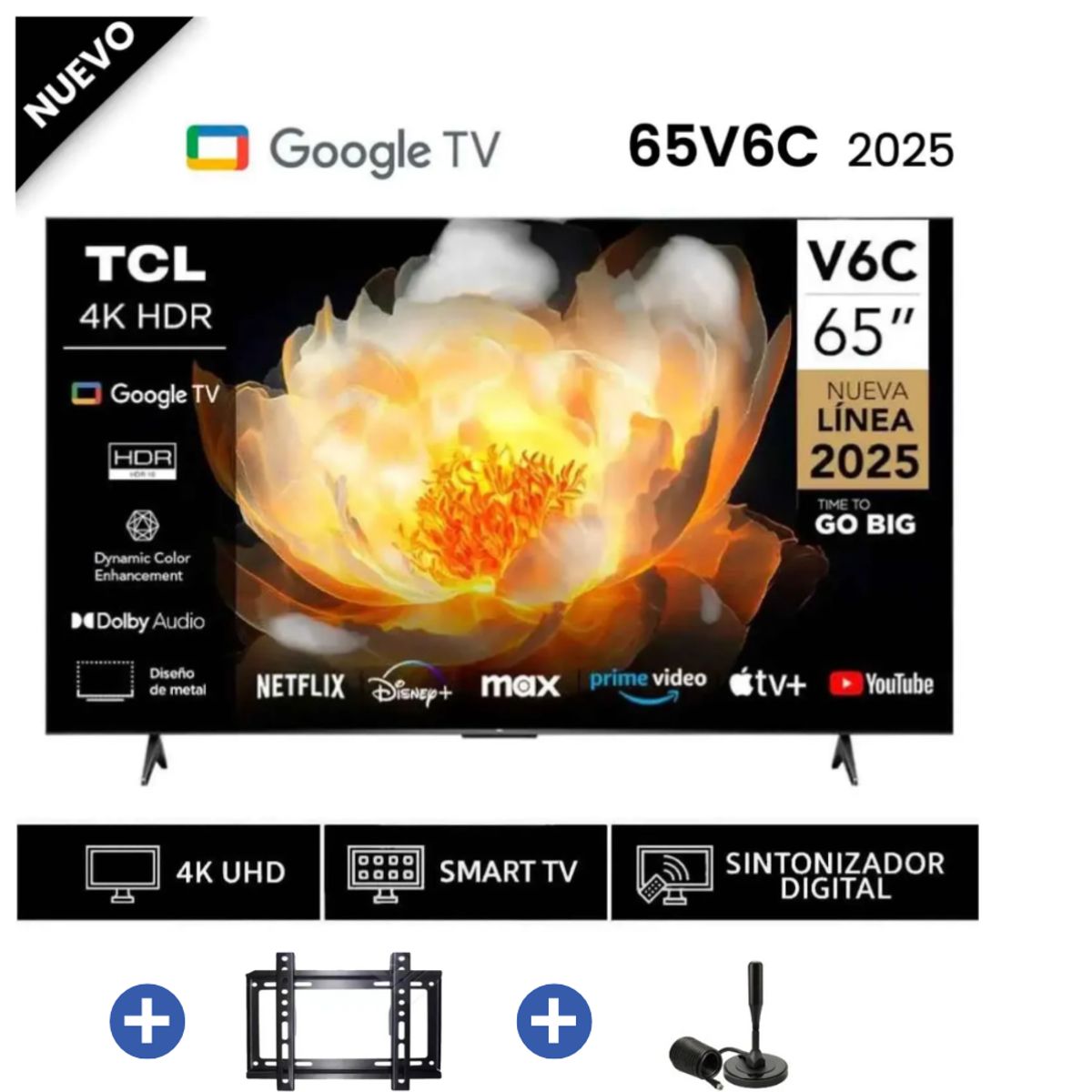 TCL - Televisor TCL LED 65 UHD 4K Smart TV 65V6C + Antena Digital + RackFijo