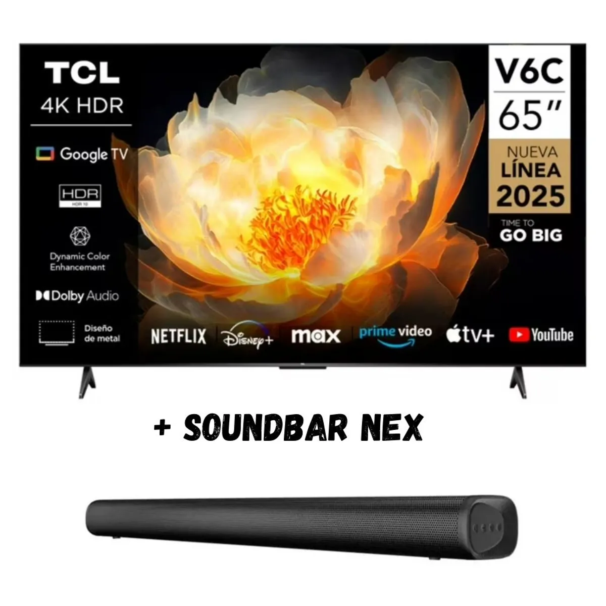 TCL - Televisor 65'' TCL UHD 4K Google TV Smart TV 65V6C 2025 + SOUNDBAR NEX