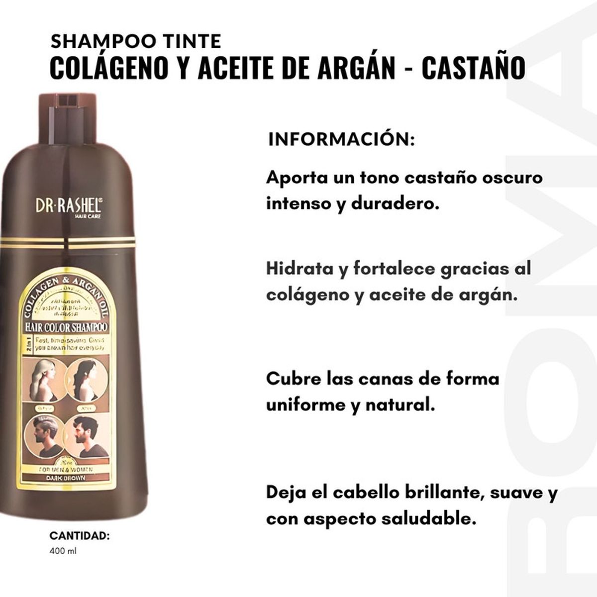 GENERICO - PACK 3 SHAMPOO TINTE COLÁGENO Y ACEITE ARGÁN CASTAÑO 400ML DR RASHEL