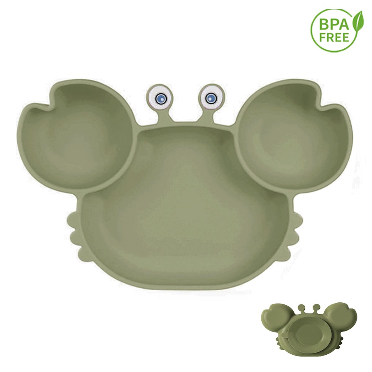 GENERICO - Plato silicona cangrejo verde militar con ventosa para bebe
