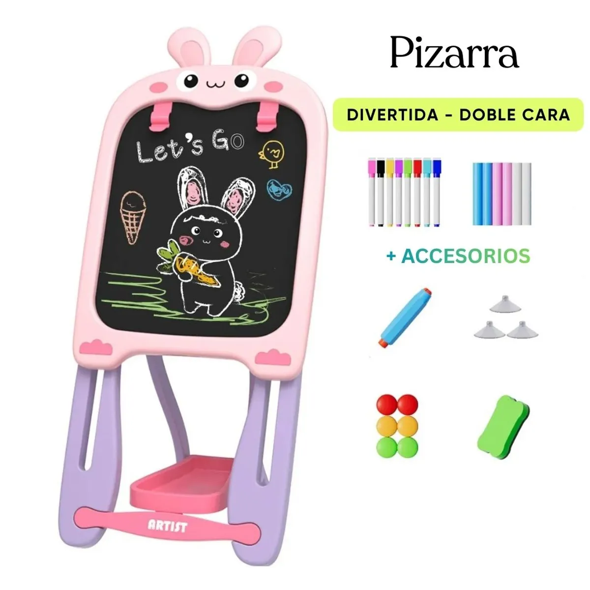 GENERICO - PIZARRA EDUCATIVA  ANIMADA PARA NIÑOS - DOBLE CARA EN ROSADO + ACCESORIOS