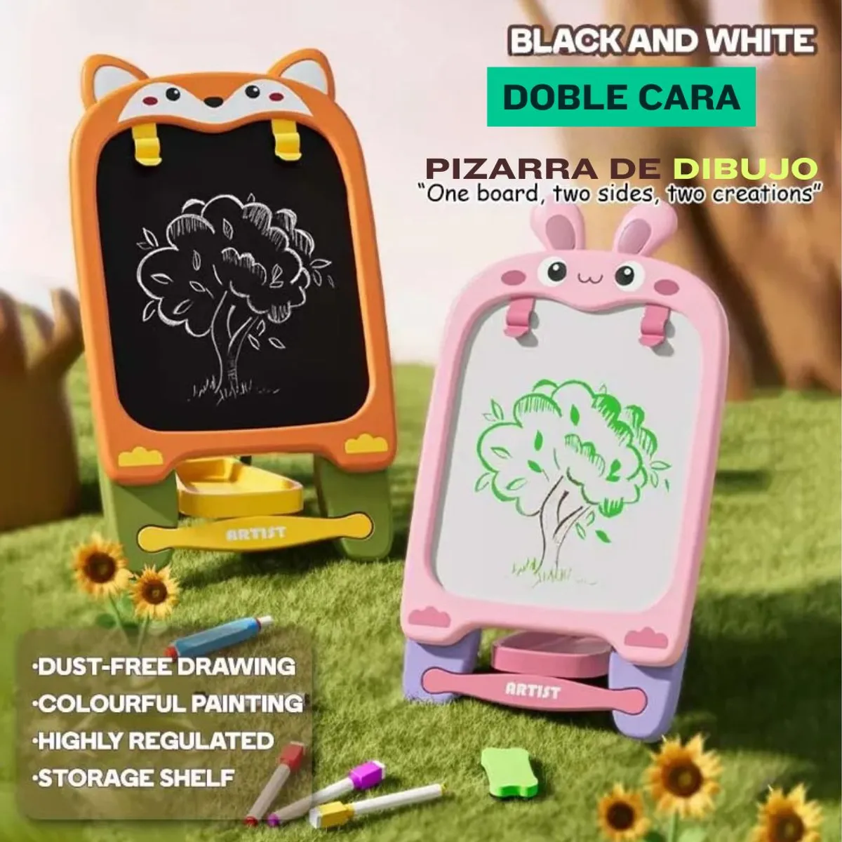 GENERICO - PIZARRA EDUCATIVA  ANIMADA PARA NIÑOS - DOBLE CARA EN ROSADO + ACCESORIOS