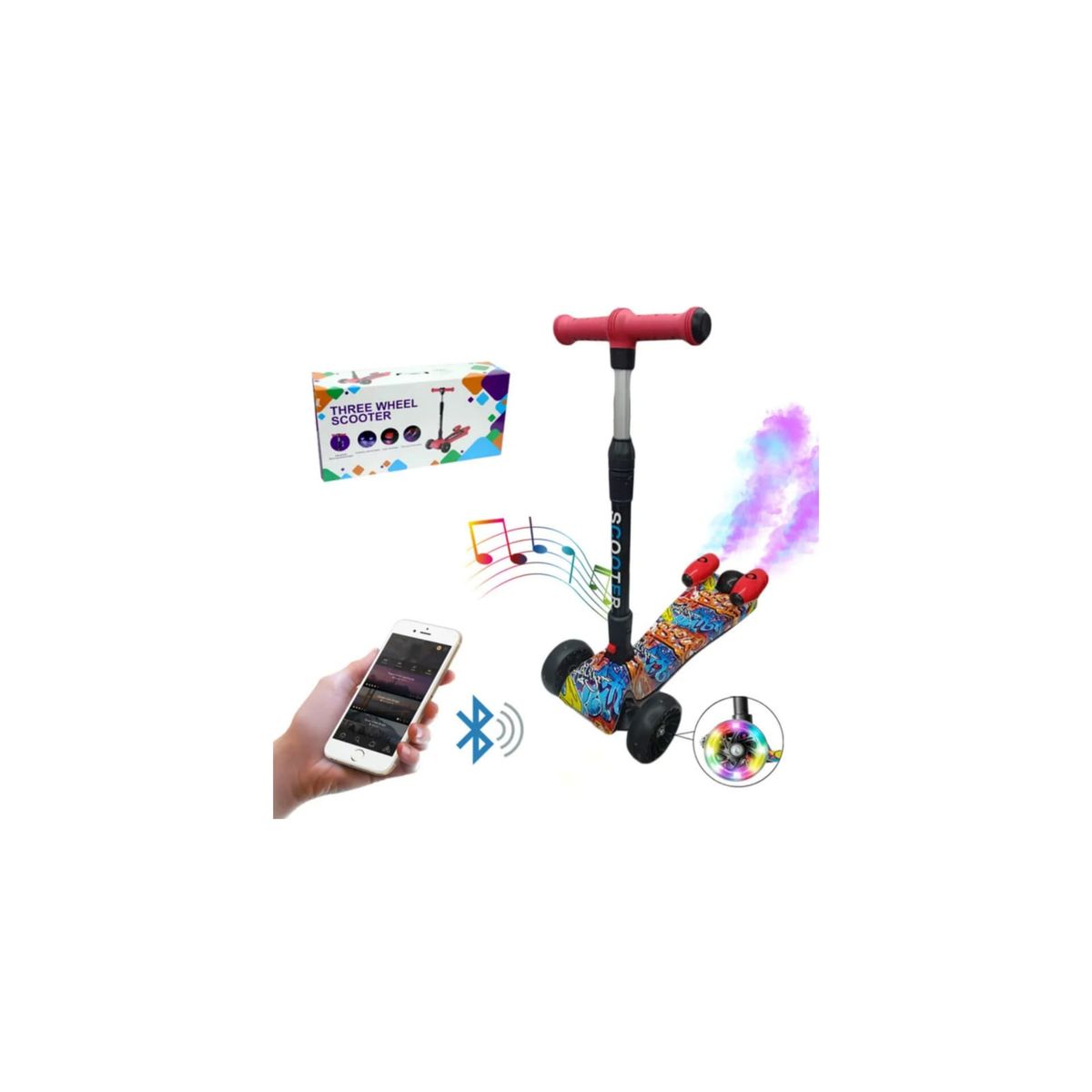 GENERICO - Patineta scooter luz música Bluetooth con turbinas ROJA  con humo