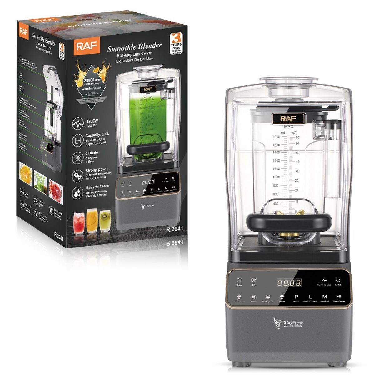 RAFF - LICUADORA BLENDER DIGITAL ENCAPSULADA DE 2 LITROS Y 6 CUCHILLAS - 1200W