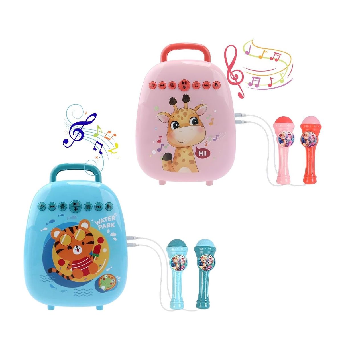 GENERICO - Pack Doble Parlante Karaoke Infantil con 2 Micrófonos c/u – Bluetooth - Azul y Rosado