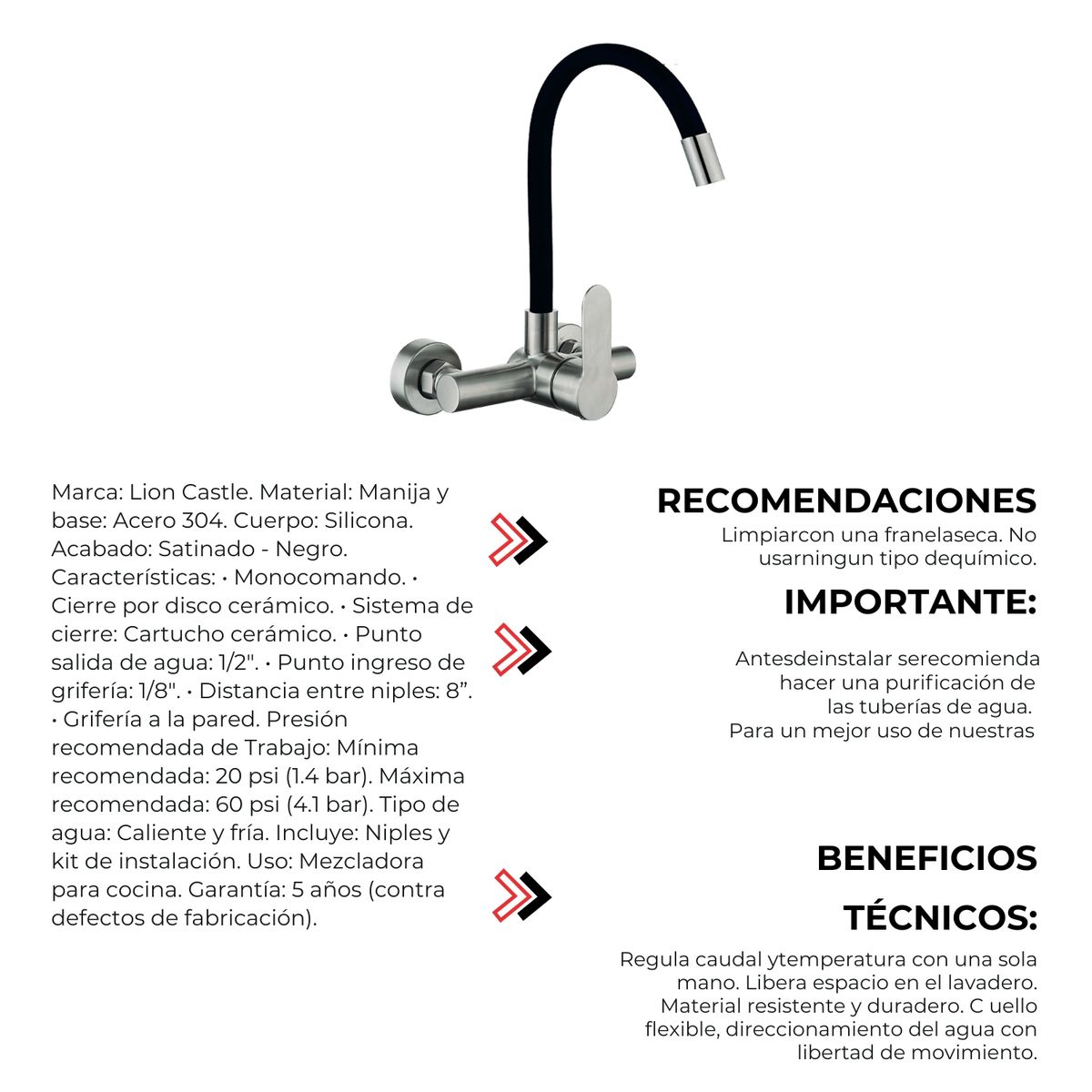 GENERICO - Mezcladora de Cocina de Pared  Acero 304 MC304-244-01