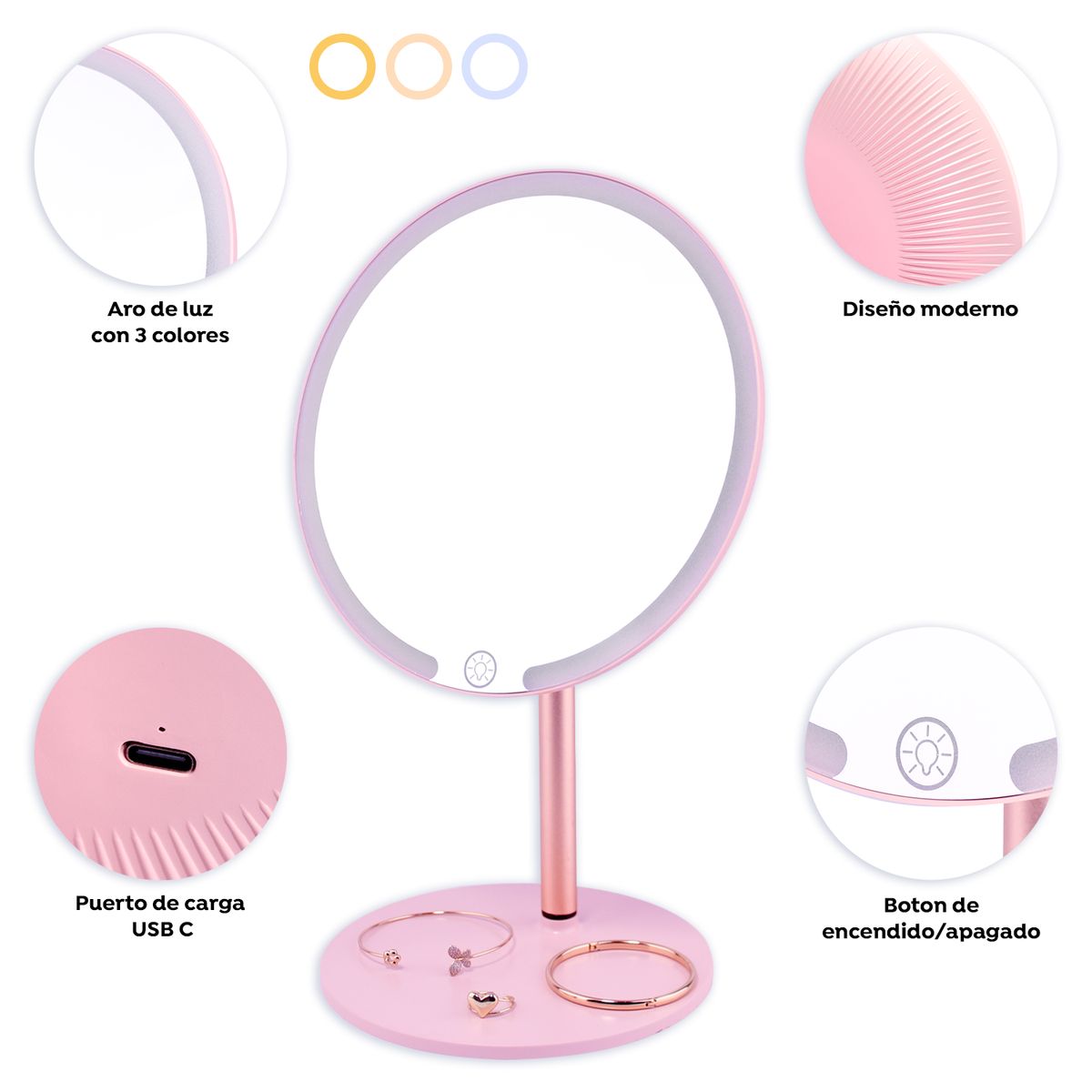 BELLESPA COSMETICS - Espejo de Tocador Galaxy Led Rosa