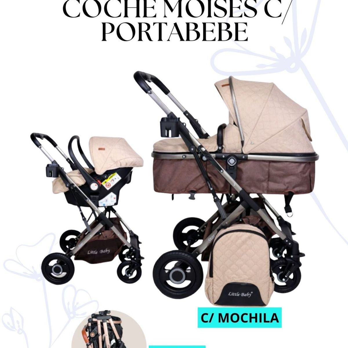 BABY - Coche Moises c Portabebé - Color crema