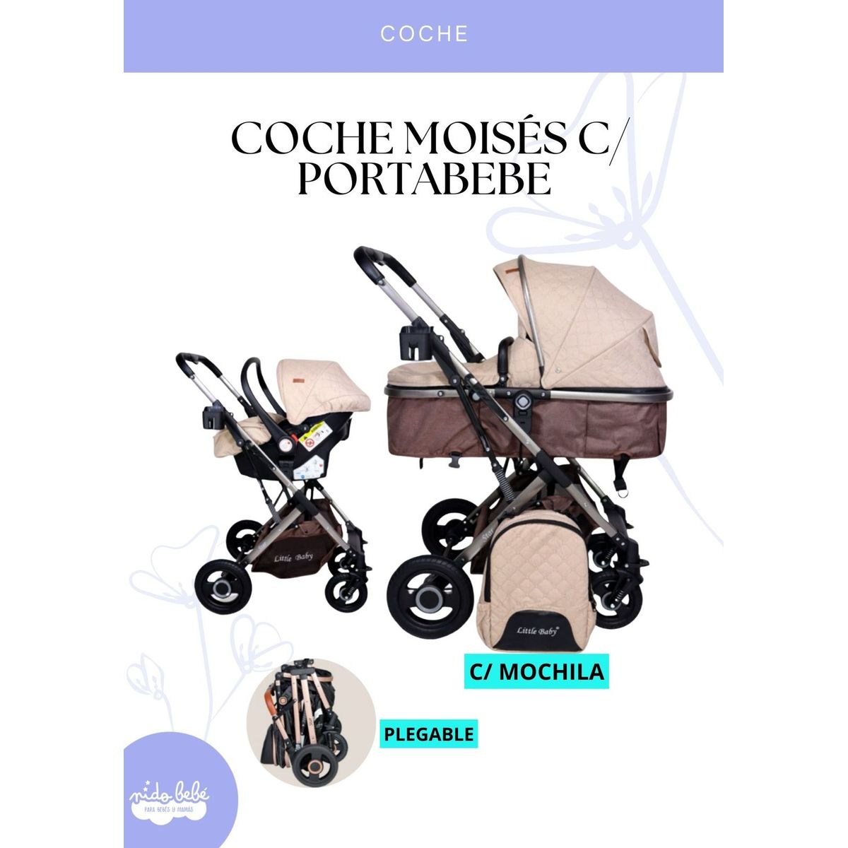 BABY - Coche Moises c Portabebé - Color crema