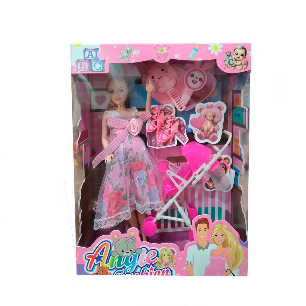 GENERICO - Muñeca Angie Fashion Embarazada con Cochesito y Accesorios