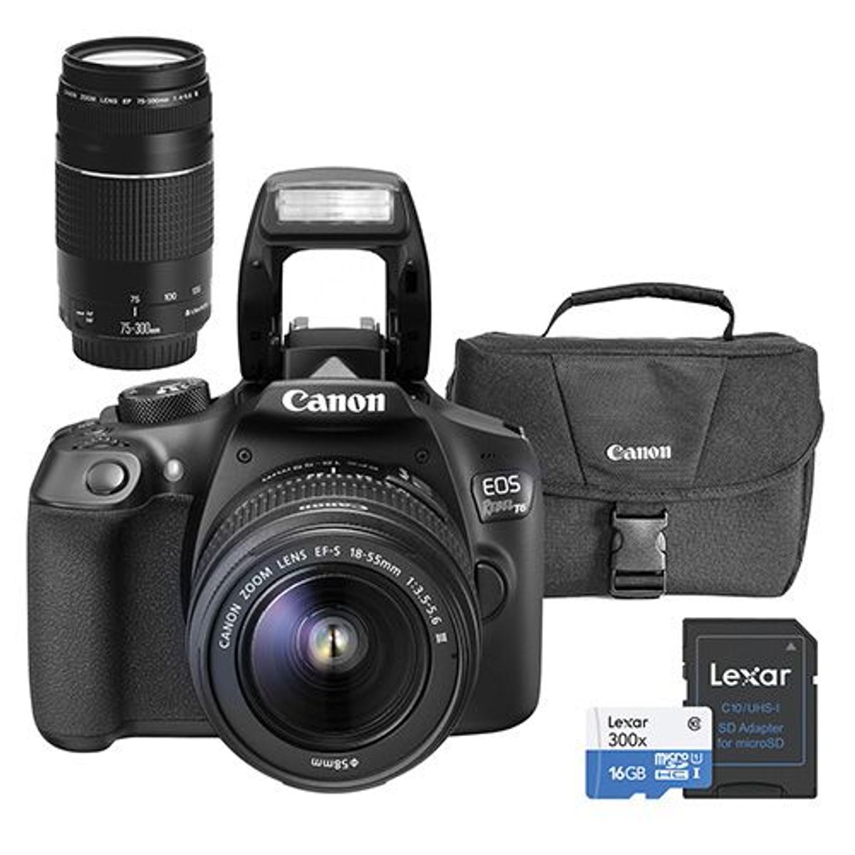 CANON - Cámara T6 con Lente 18-55mm + Lente EF75-300mm III + Memoria + Maletín 