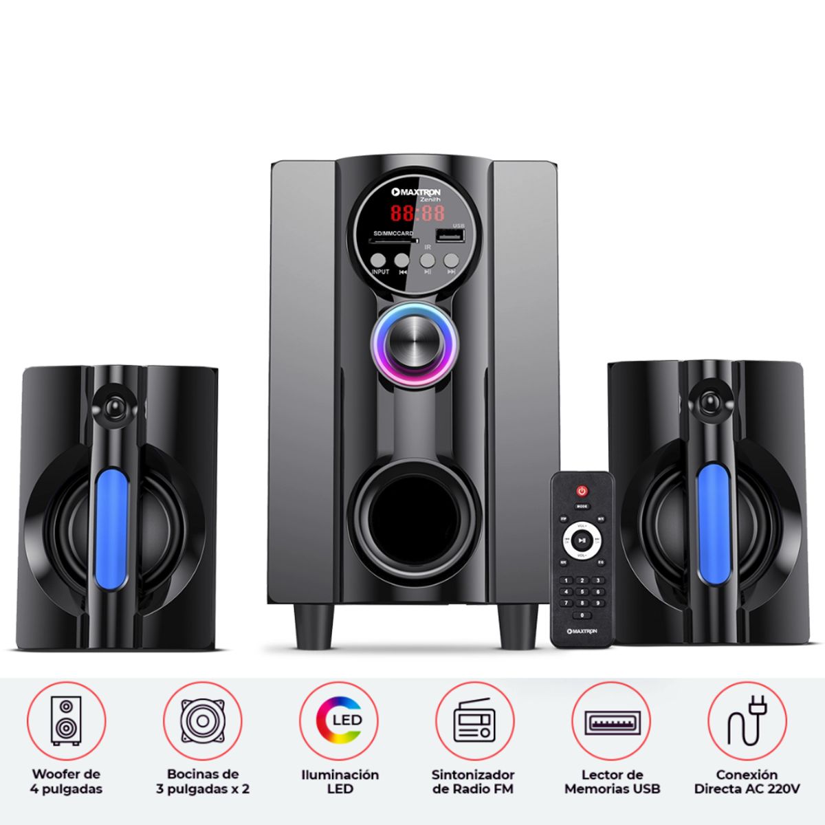 MAXTRON - PARLANTE MAXTRON ZENITH 2.1 FM / BT / USB / SD / C.R. MAX-S202