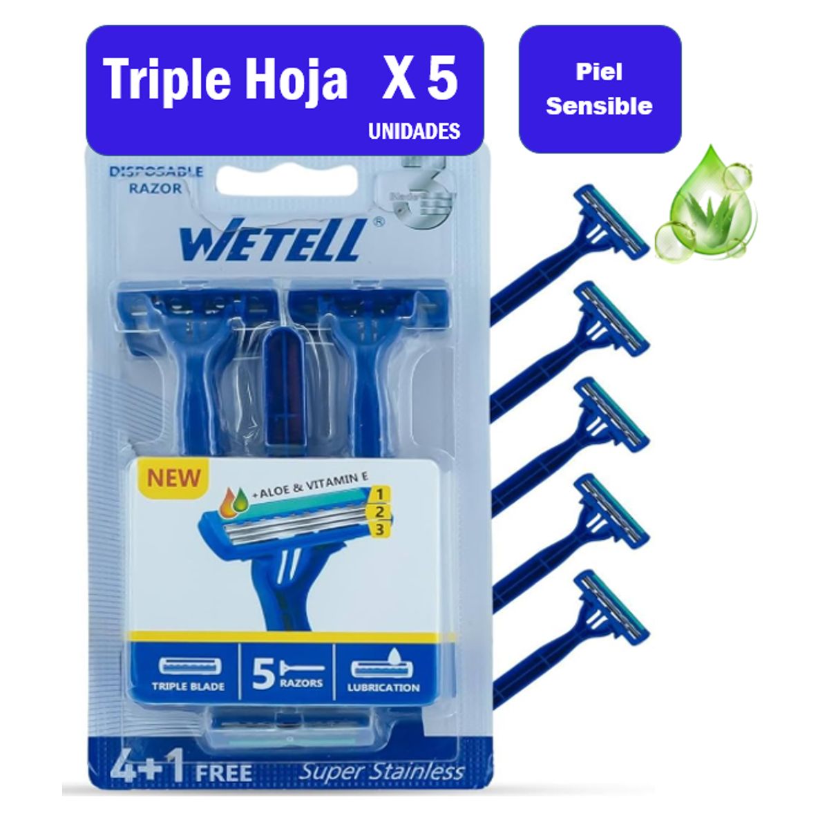 GENERICO - Máquina de Afeitar Wetell Prestobarba Triple hoja Extra Suave Empaque 5 Und