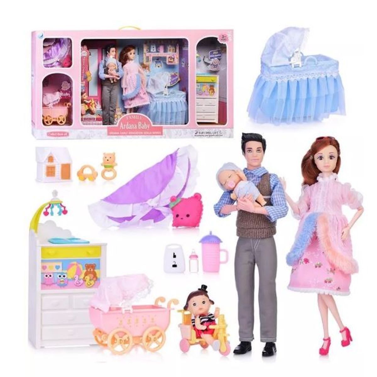GENERICO - Set Grande Muñeca Familia Mamá Papá Bebé Hija con Cuna y Carriola