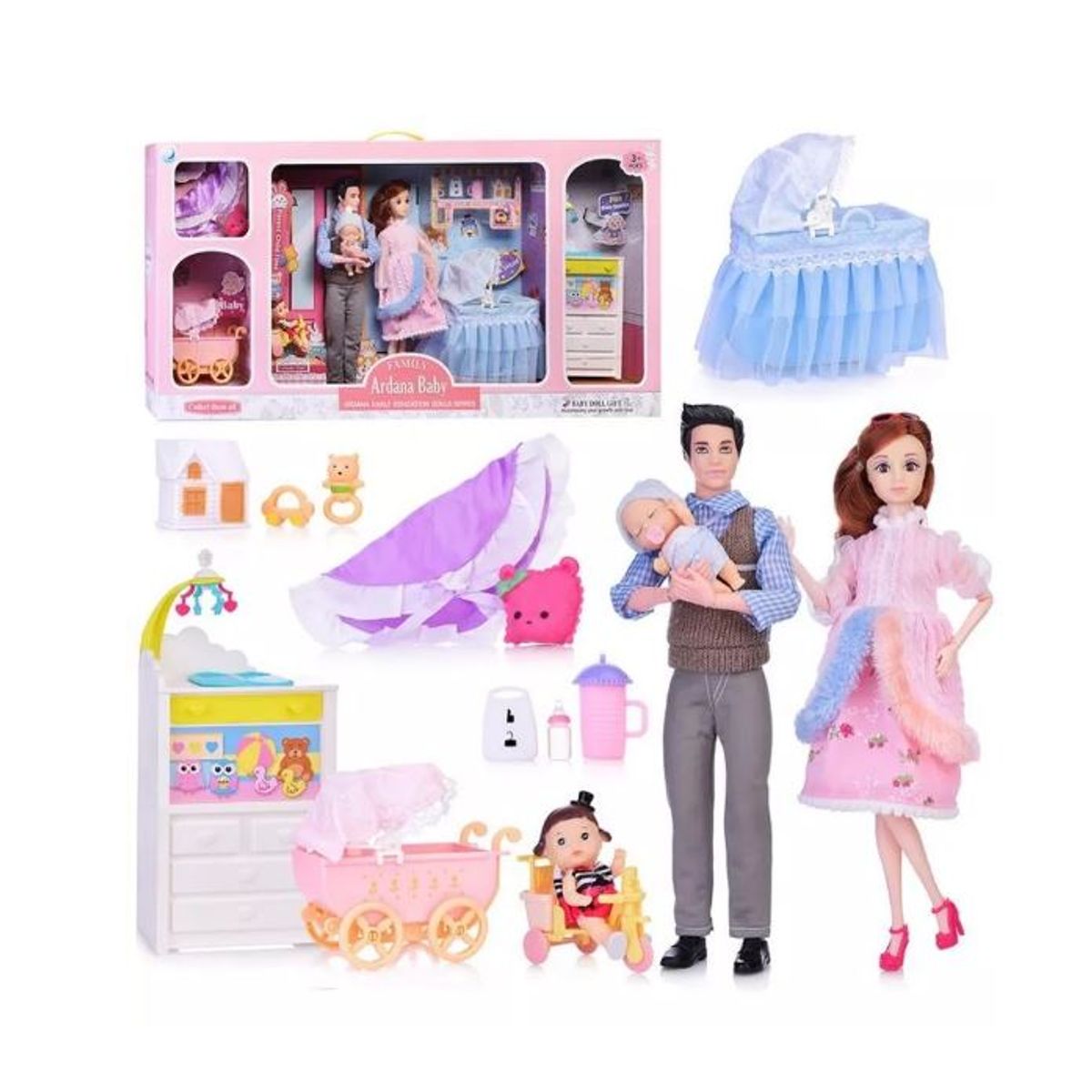 GENERICO - Set Grande Muñeca Familia Mamá Papá Bebé Hija con Cuna y Carriola