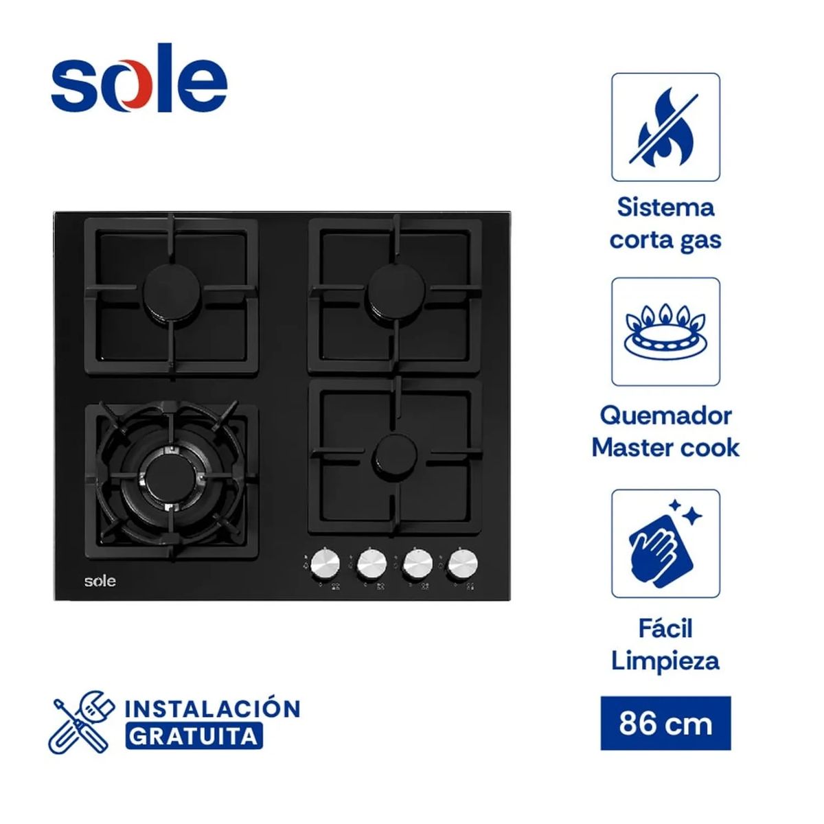 SOLE - Cocina a Gas Empotrable Sole SOLCO040 4 Hornillas - Negro