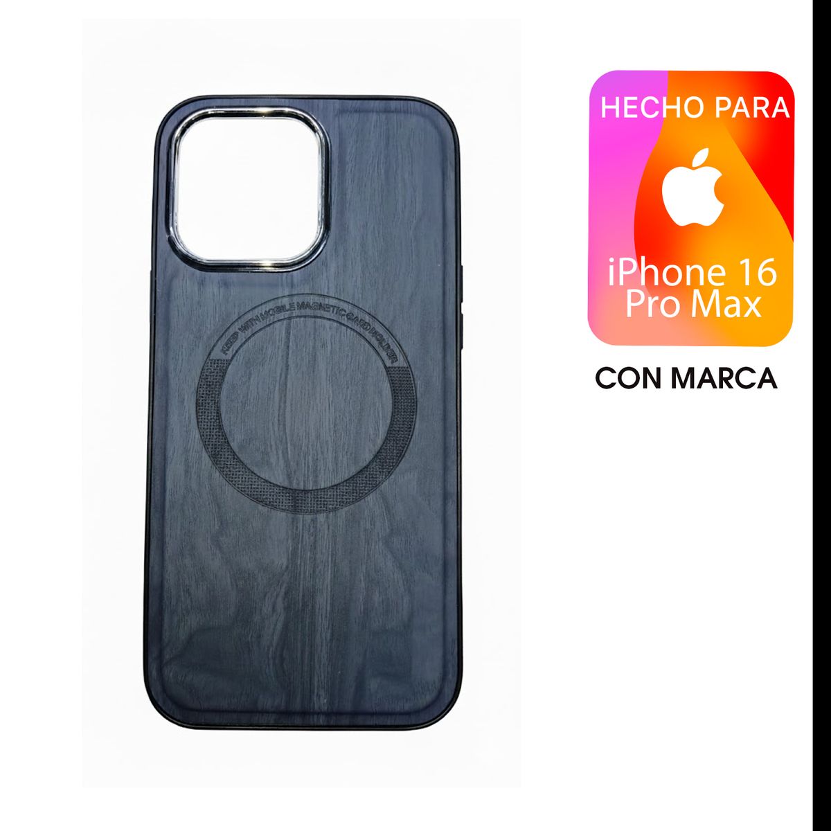 ASIA IMPORT - Case Cuerina Con Diseño Madera Para iPhone 16 Pro Max Con Marca