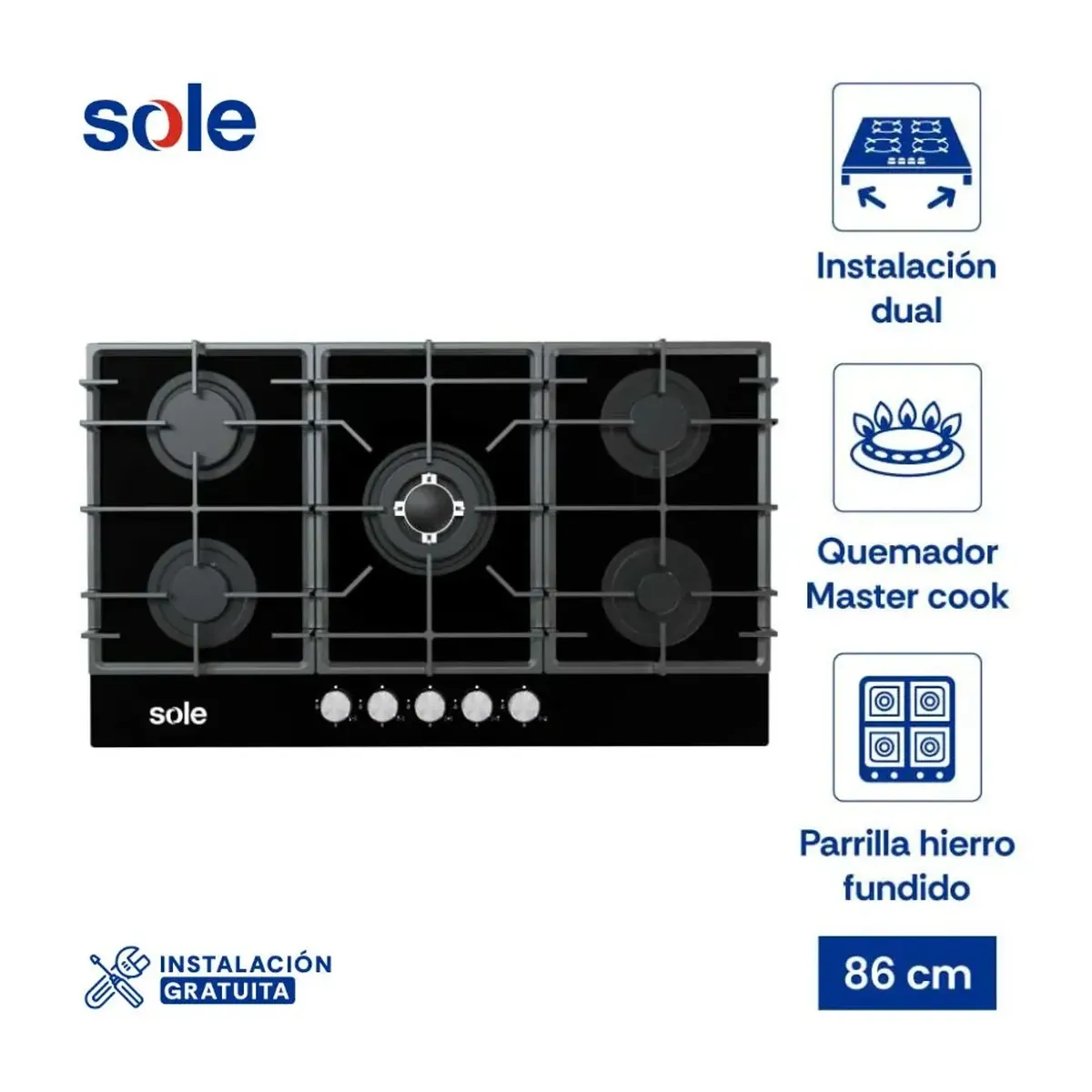 SOLE - Cocina Empotrable Sole 5 Hornillas 86cm SOLCO046V2 - Negro